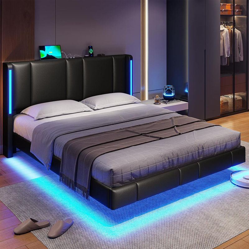 Wrought Studio Floating Bed Frame with LED Lights and 2 USB Charging Station Upholstered Platform Bed Frame Reviews Wayfair